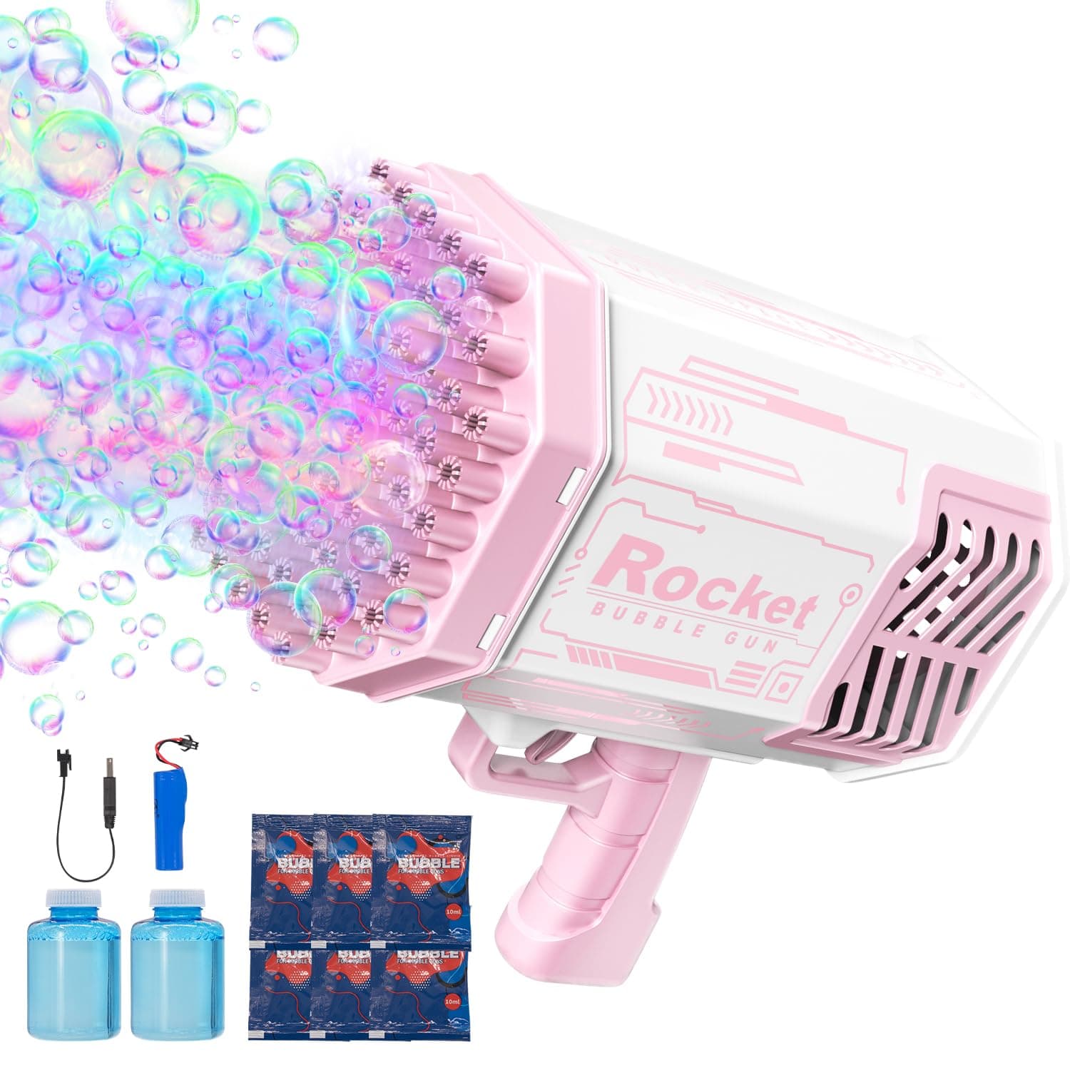 Bubble Guns Blaster 69 Holes with 2 Bubble Solution (4.4 oz Each), Upgraded Automatic Bubble Blower Machine, Bubble Toy for Summer Ourtdoor Party Birthday Wedding Chirstmas Pink