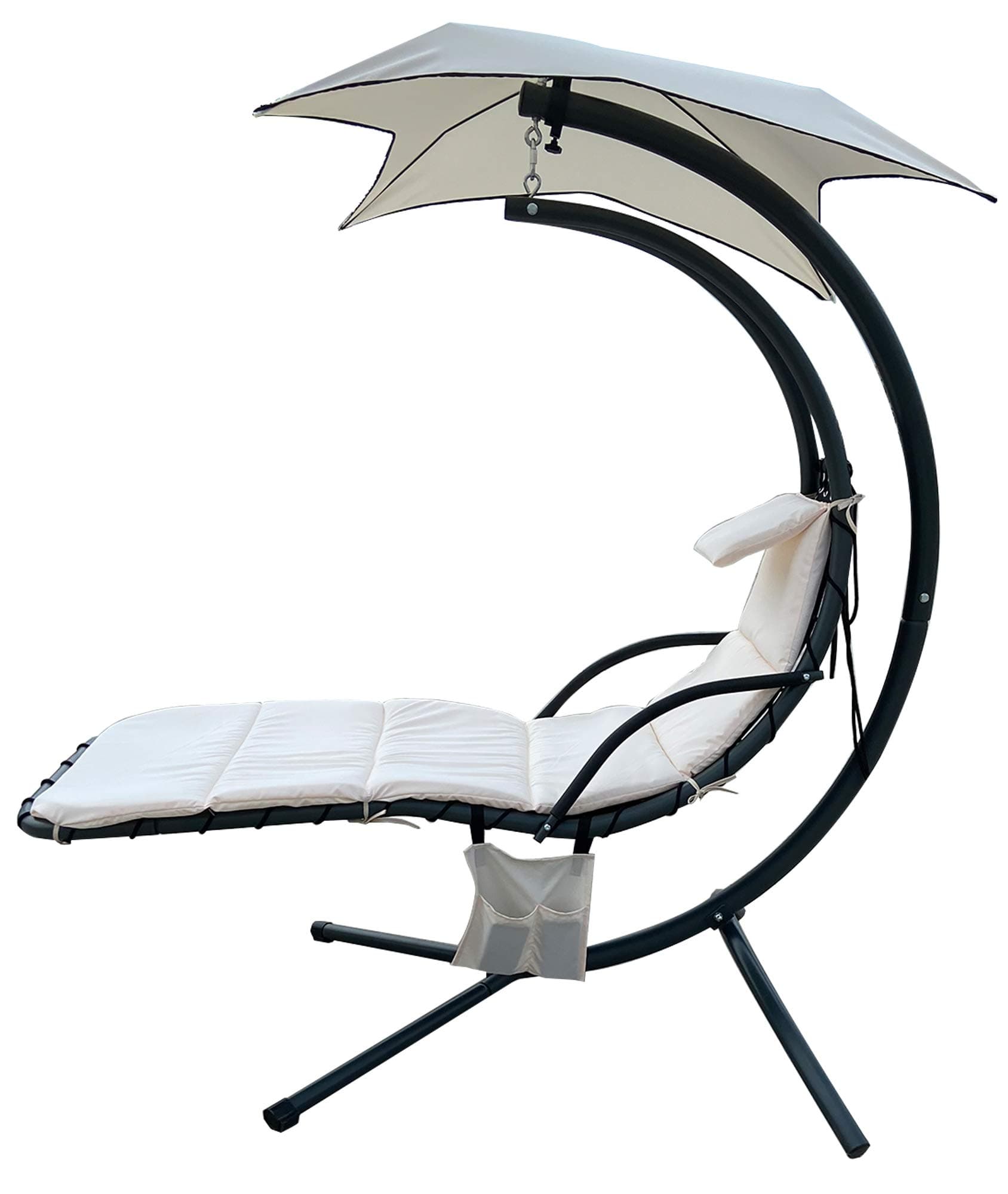 BalanceFrom Hanging Curved Chaise Lounge Chair Swing with Cushion, Pillow, Canopy, Stand and Storage Pouch, 330-Pound Capacity Beige