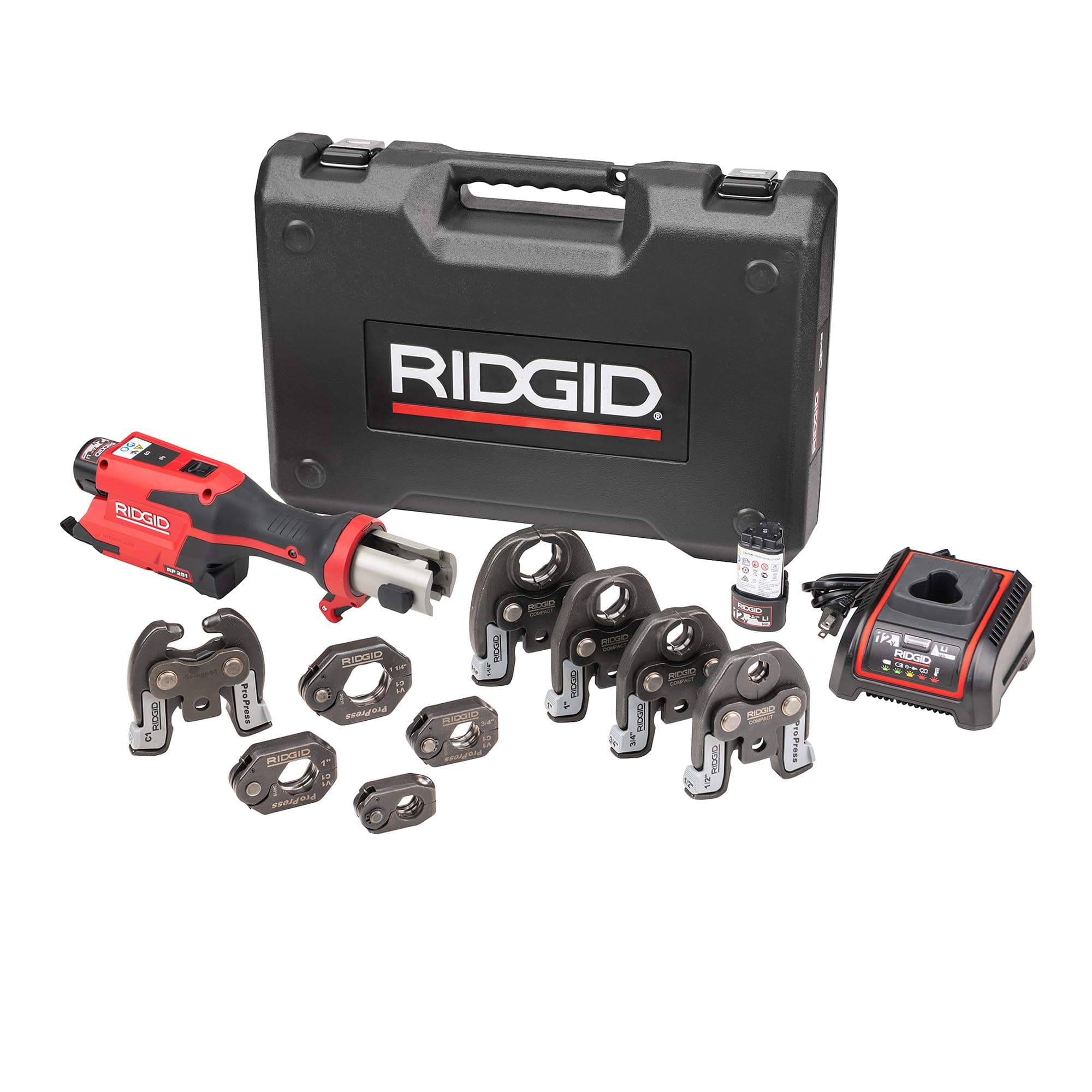 RIDGID 78208 RP 251 Compact Press Tool Battery Kit with ProPress Rings and Jaws (1/2" to 1-1/4") and C1 Actuator, In-Line Pressing Tool for Copper, Stainless Steel, PEX, and Carbon Steel Kit with 1/2"