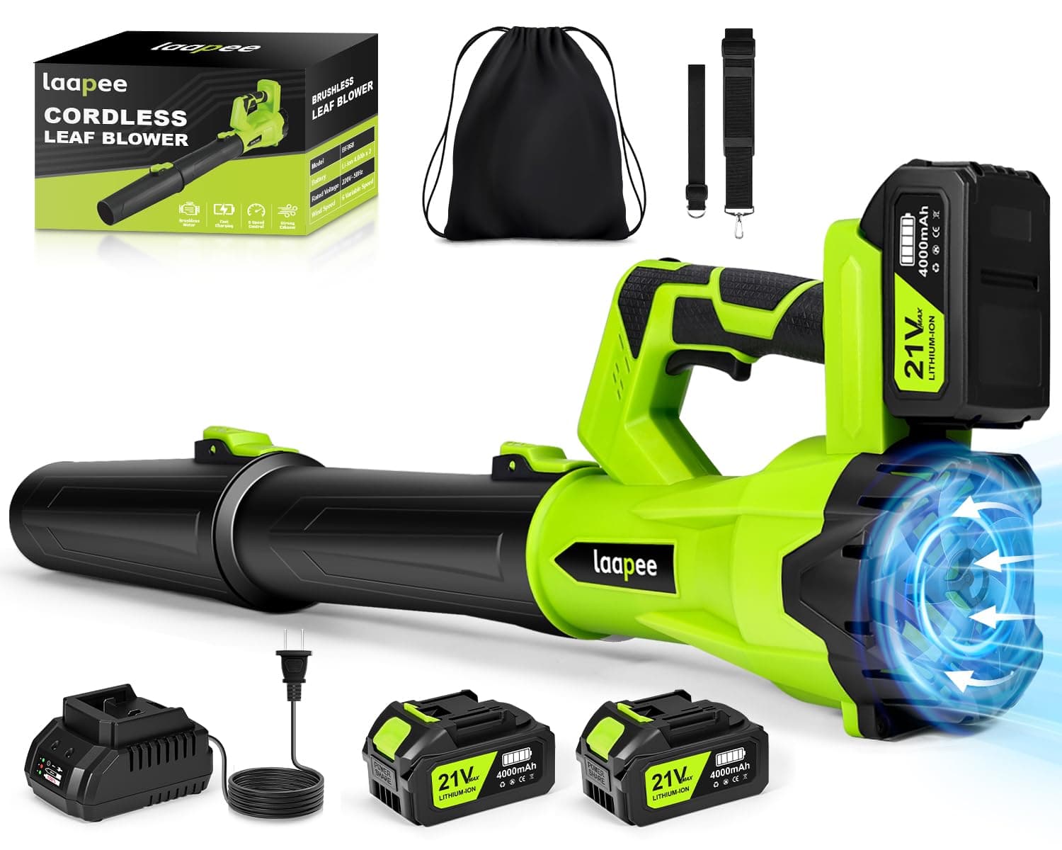 laapee Cordless Brushless Leaf Blower with 2 x 4.0Ah Batteries