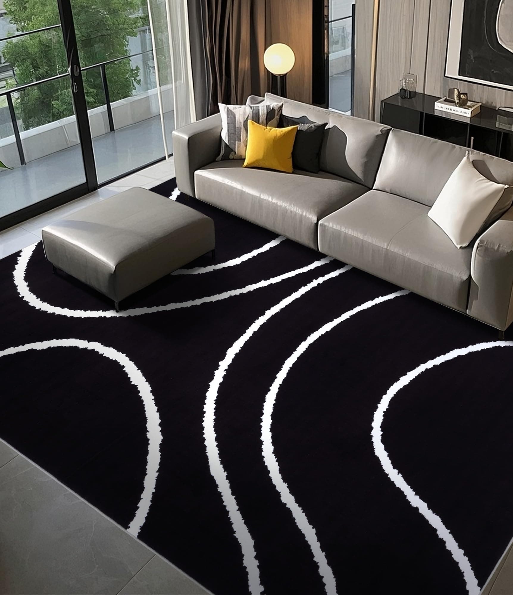 YIHOUSE Black Modern Area Rugs 8x10,Large Black and White Rugs for Living Room,Wave Washable Rug 8x10,Thin Abstract Geometric Rug,Minimalist Striped Rugs for Bedroom,Office Black Curved Lines-1 8' x 1