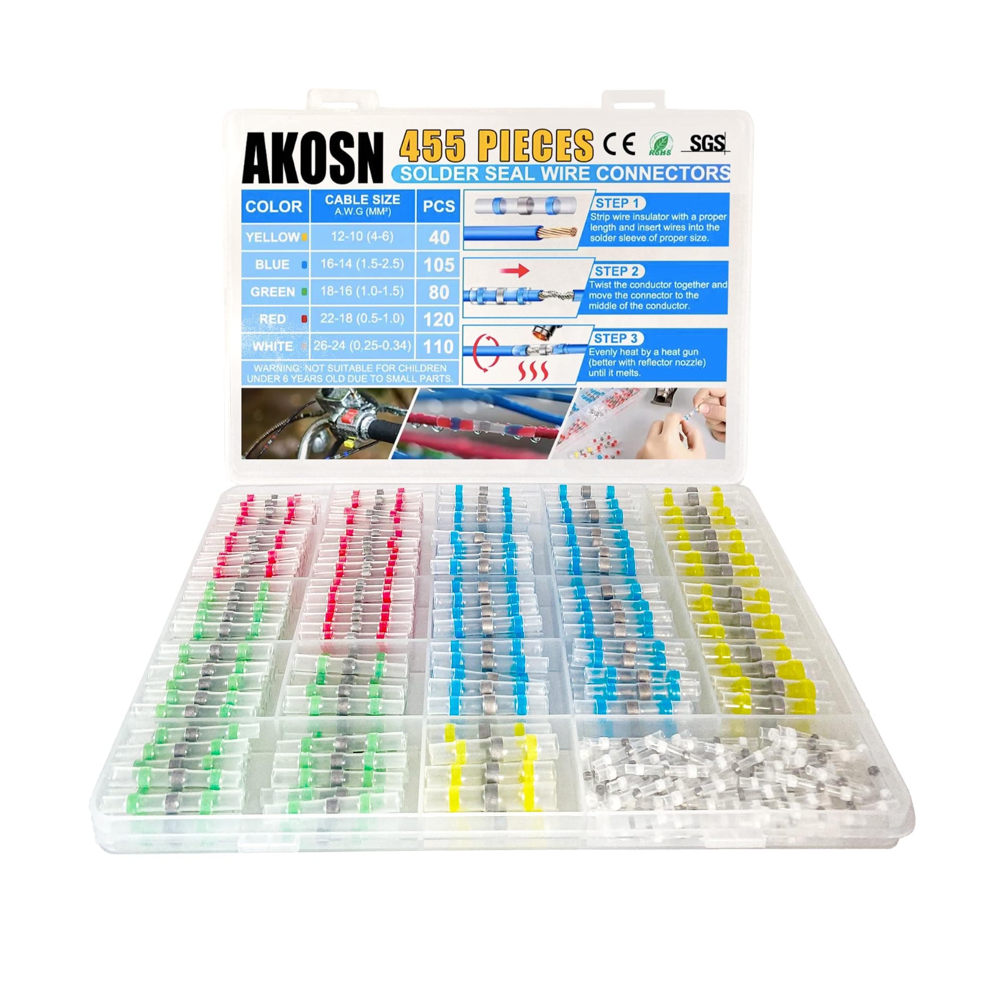 455 PCS Heat Shrink Self Soldering Butt Connector, Solder Seal Wire Connectors Kit, Waterproof Wire Solder Stick Splice Connector for Marine Electrical Automotive (5 Colors/5 Sizes/ 26-10 Gauge) Assor
