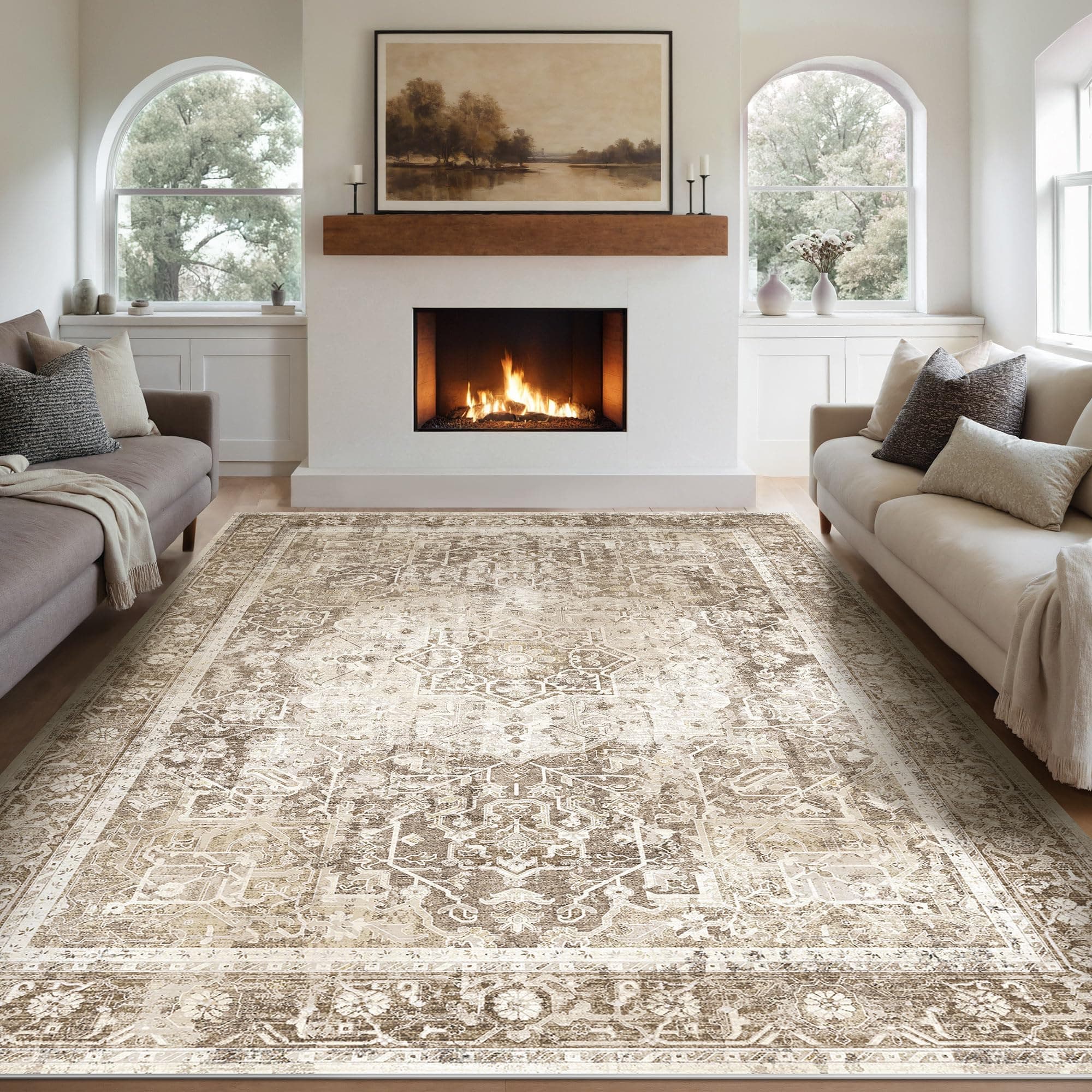 Kokia 9x12 Area Rugs for Living Room, Machine Washable Non Slip Vintage Boho Rugs, Low Pile Distressed Medallion Print Rug for Bedroom, Dining Room Olive 9 x 12 9'x12' Suede/Walnut/Light Taupe/Vanilla