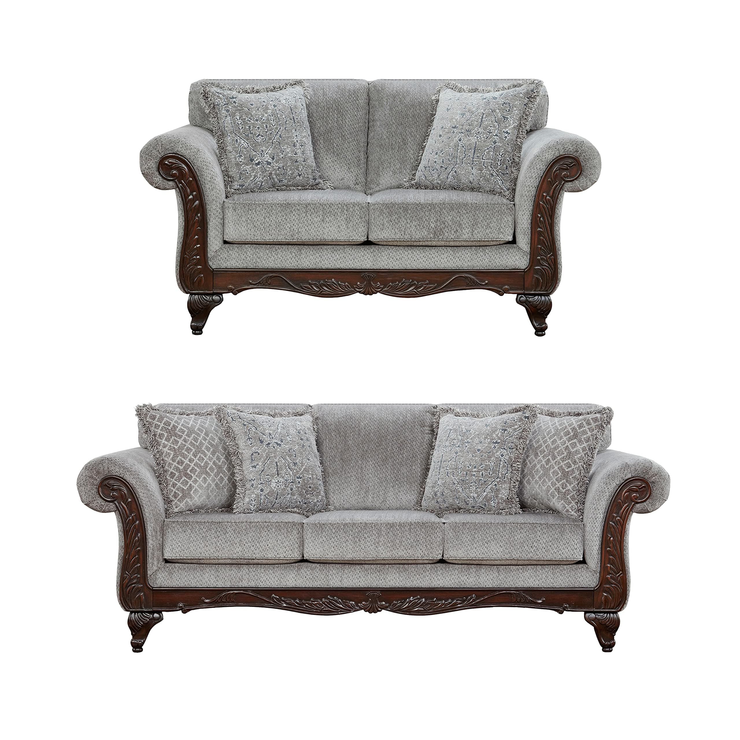 Roundhill Furniture Living Room Set, Sofa and Loveseat with Carved Wood Frame