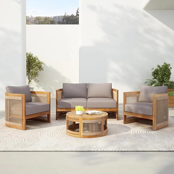 Merax 4-Piece Patio Premium Acacia Wood Outdoor Furniture Set,All Weather Curved Tub Design with Woven Rope Accents Loveseat Chairs and Table for Backyard, Balcony and Deck,Teak+Grey Teak+grey 4 Piece