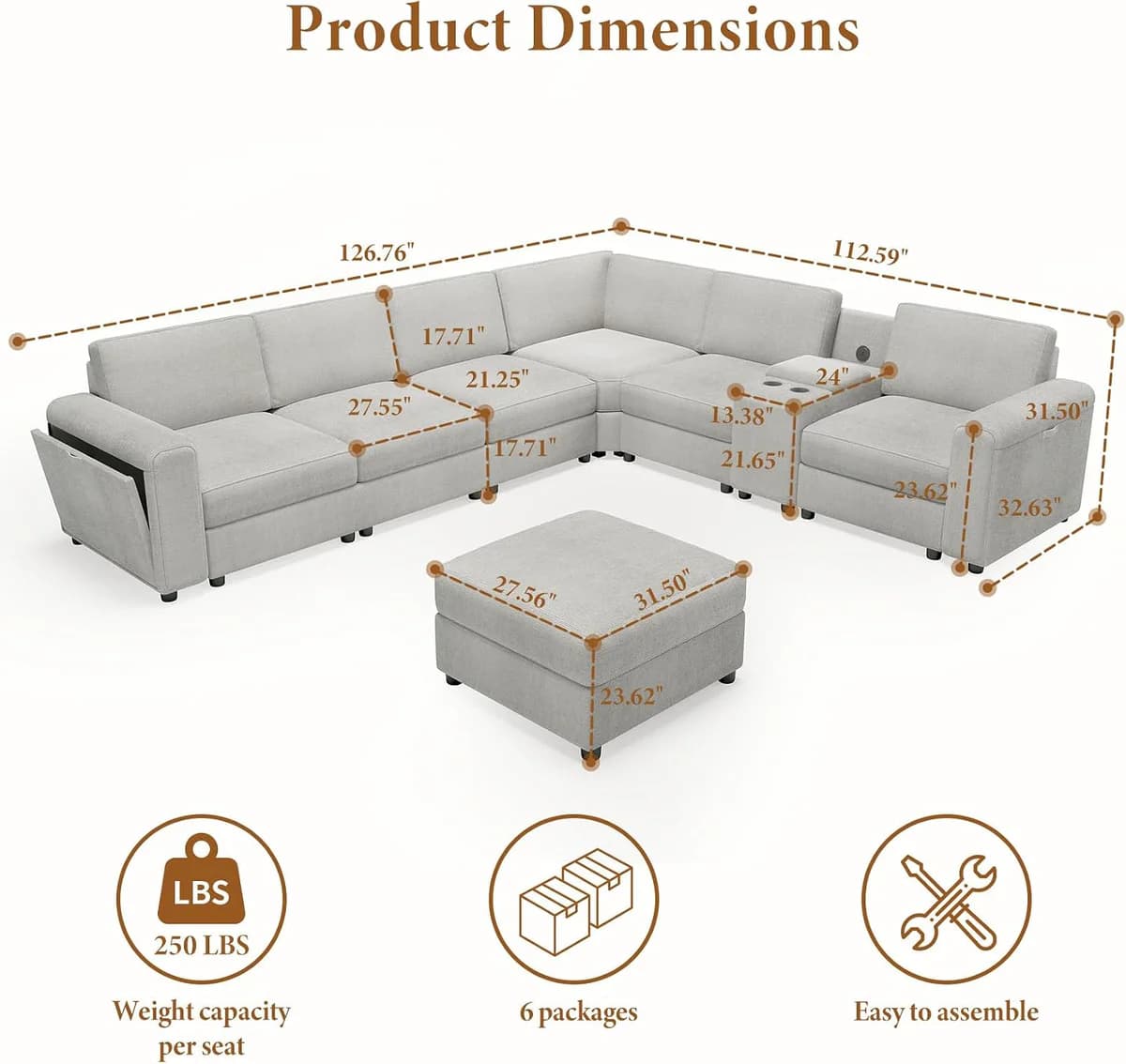 Vesgantti 6-Seater L-Shaped Sectional Sofa with Ottoman