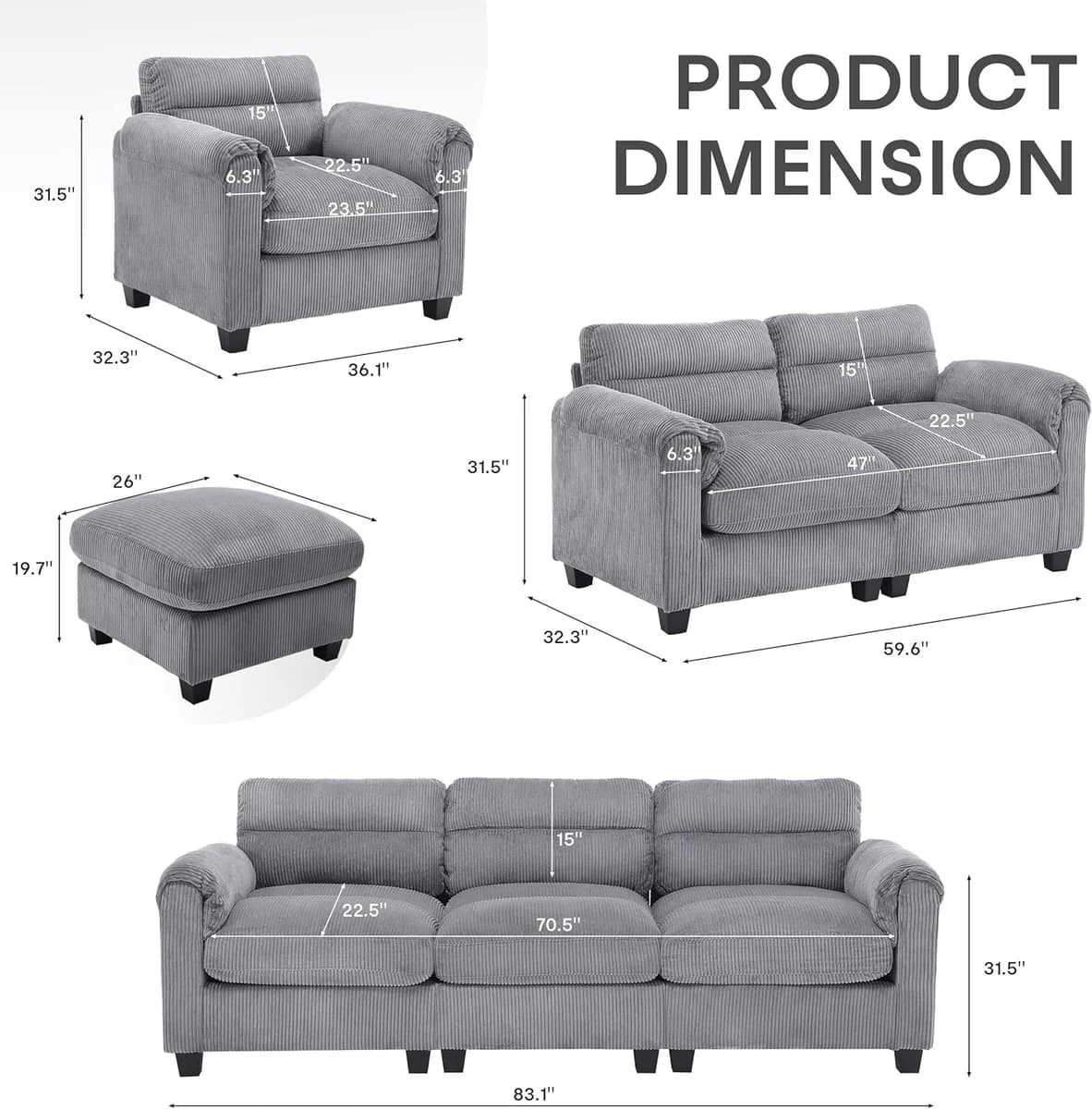 HAOMARKETS Corduroy 4-Piece Living Room Set