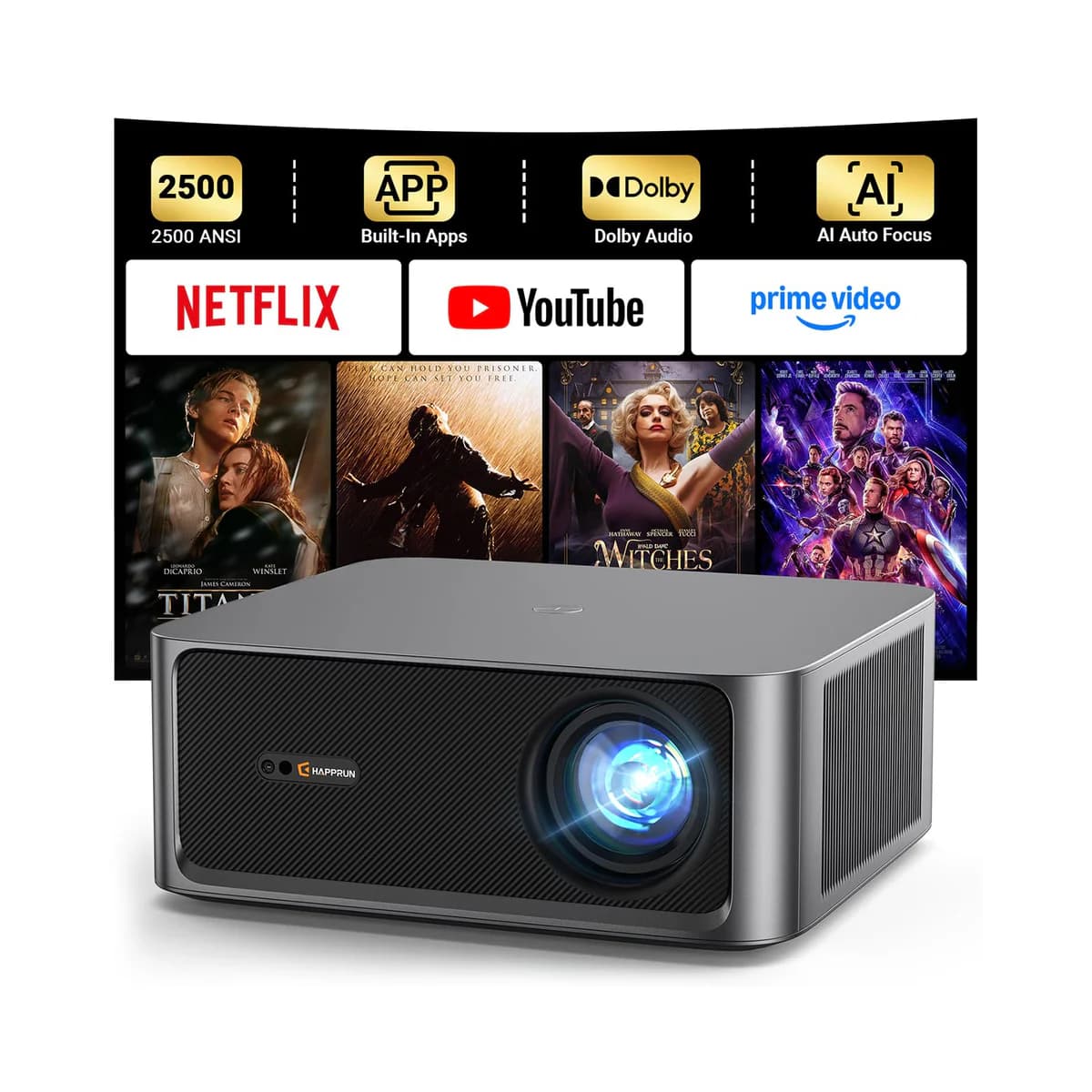 HAPPRUN Smart Projector with Built-in Apps and Dolby Audio